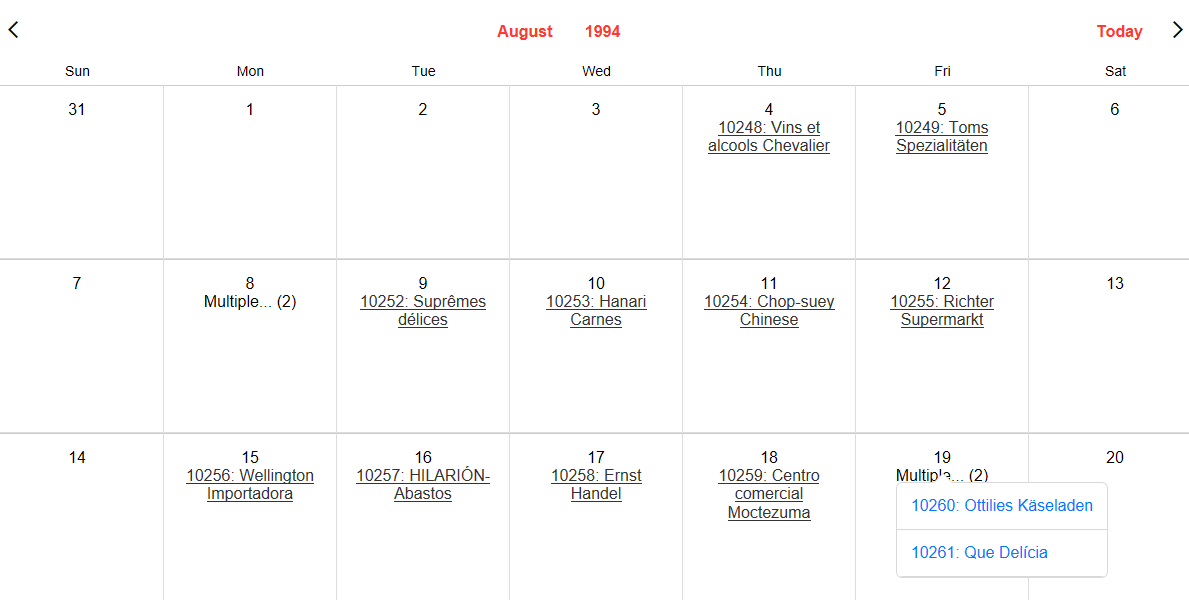 A calendar control populated by events drawn from an SQL database.